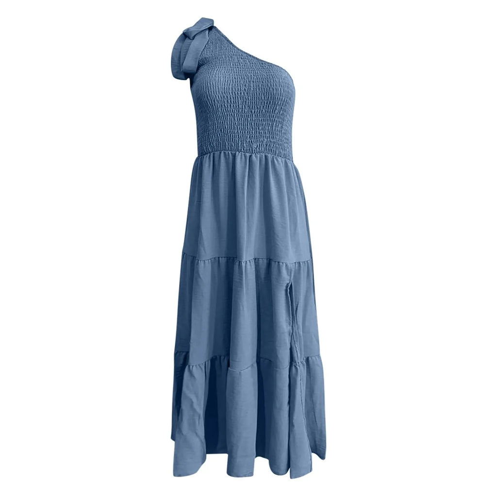 Women'S Summer Casual One Shoulder Sleeveless Smocked Elastic Dress