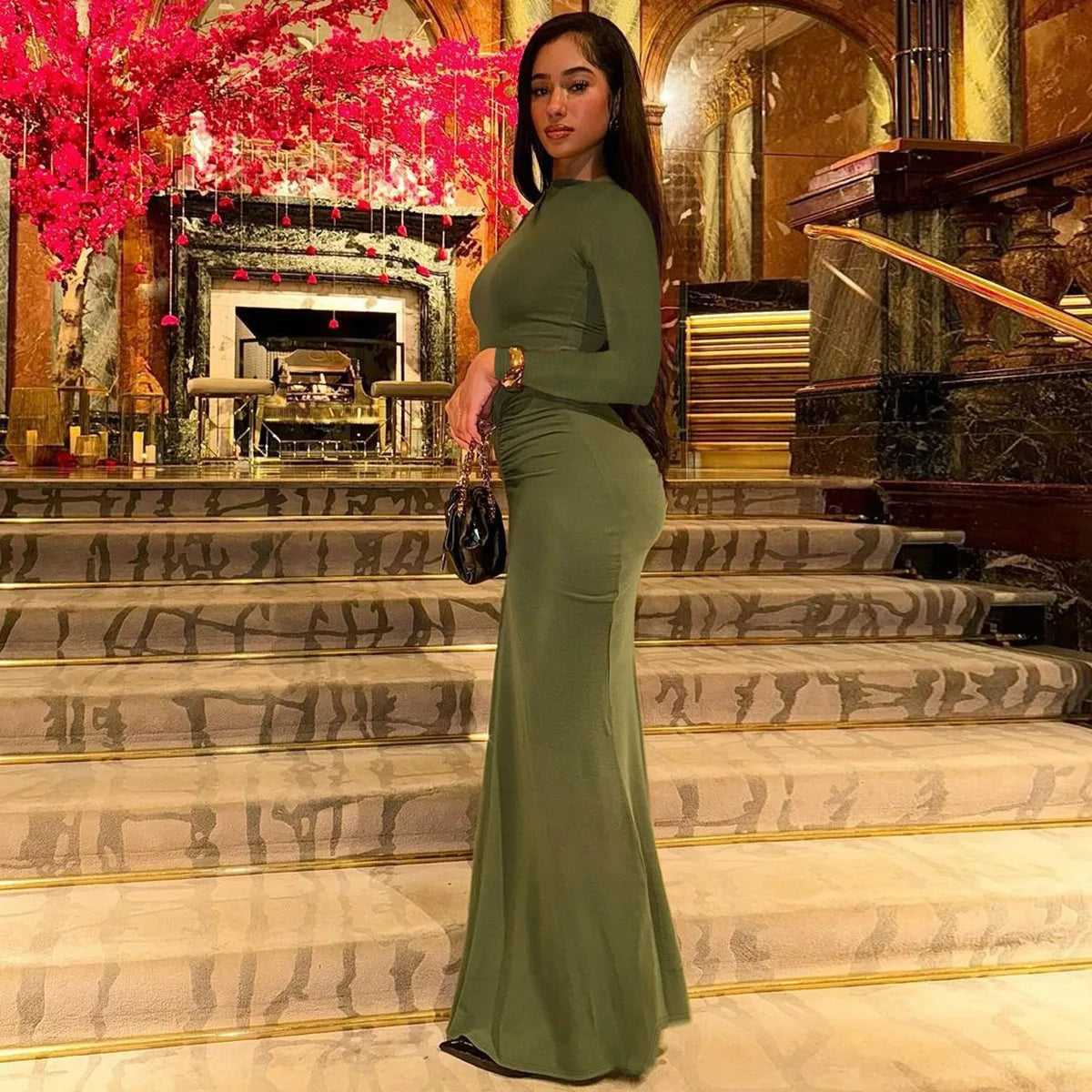 Sexy Wrap Buttocks Dresses Women O Neck Dress Long Sleeve Sheath Slim Fit Solid Spliced Pullover Folds Floor Length 2025