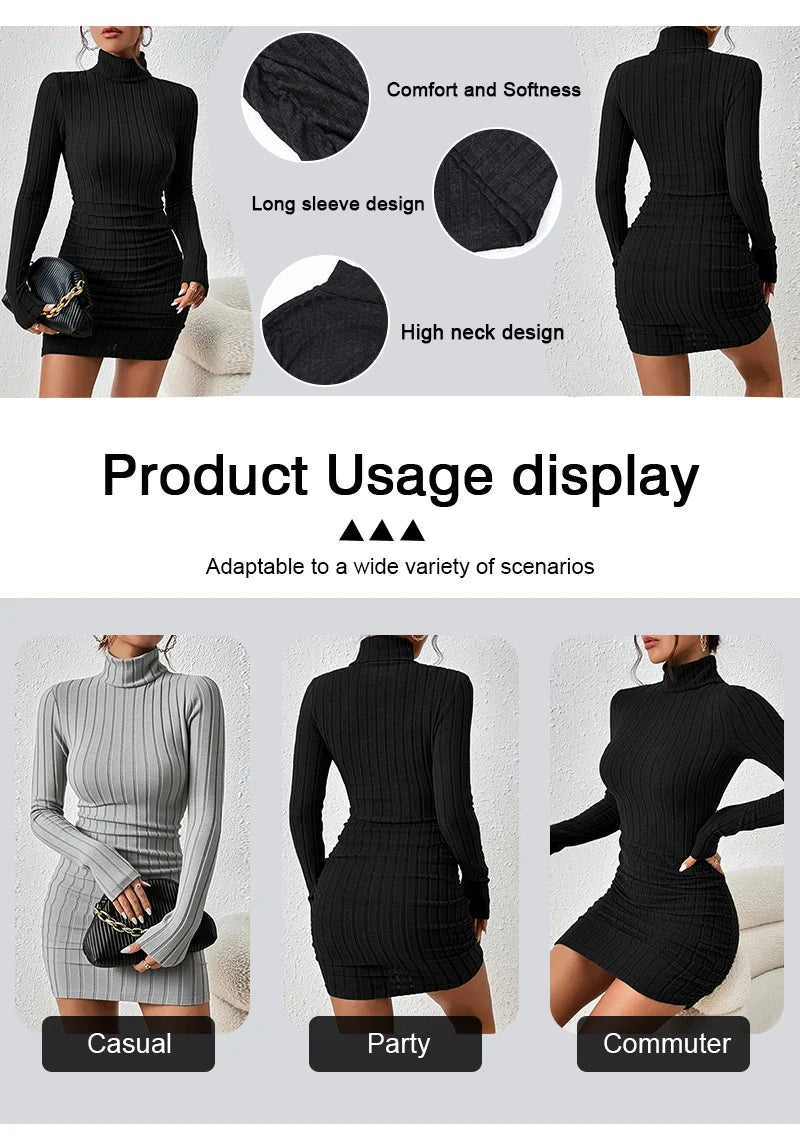 Women's Knitted Dress Autumn Winter New High Collar Temperament Solid Color Fashion