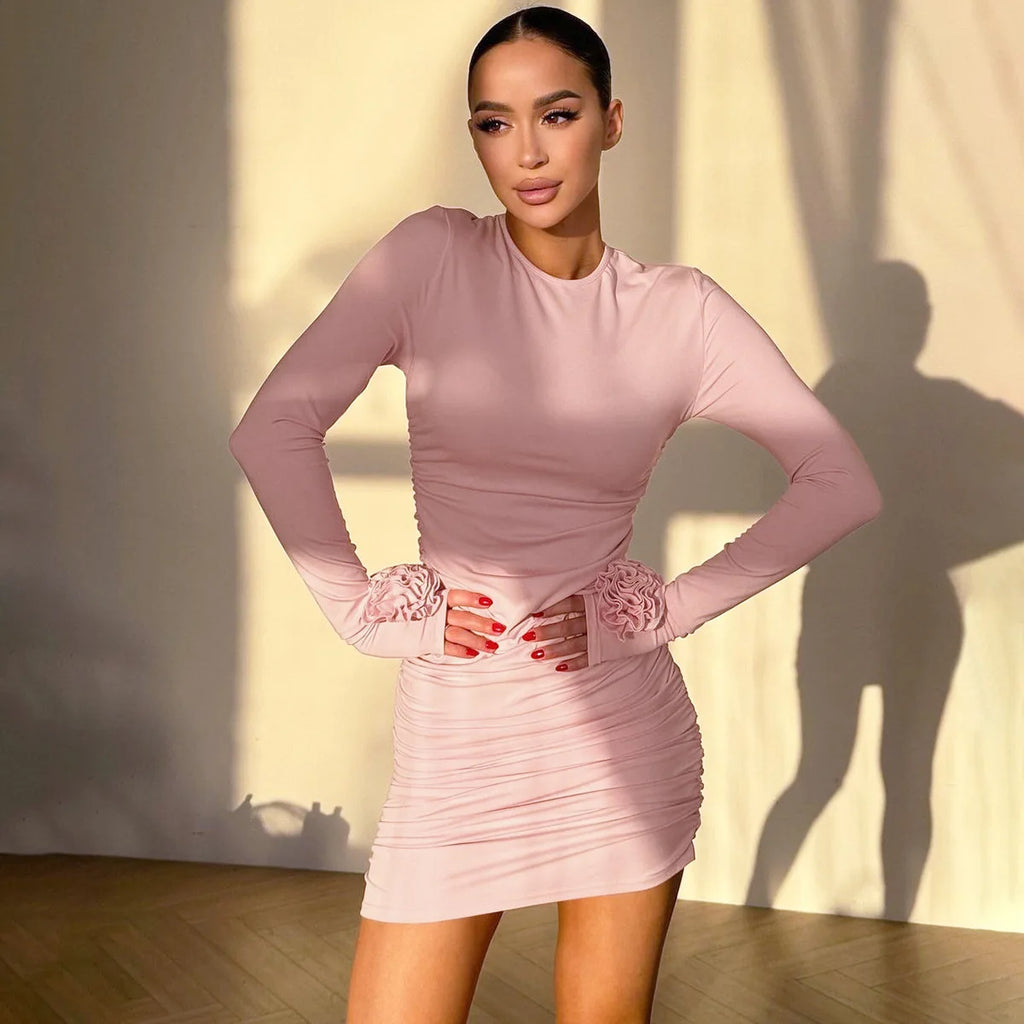 Woman Clothing Flowers Long Sleeve Party Evening Party Club Short Dress Package Wrap