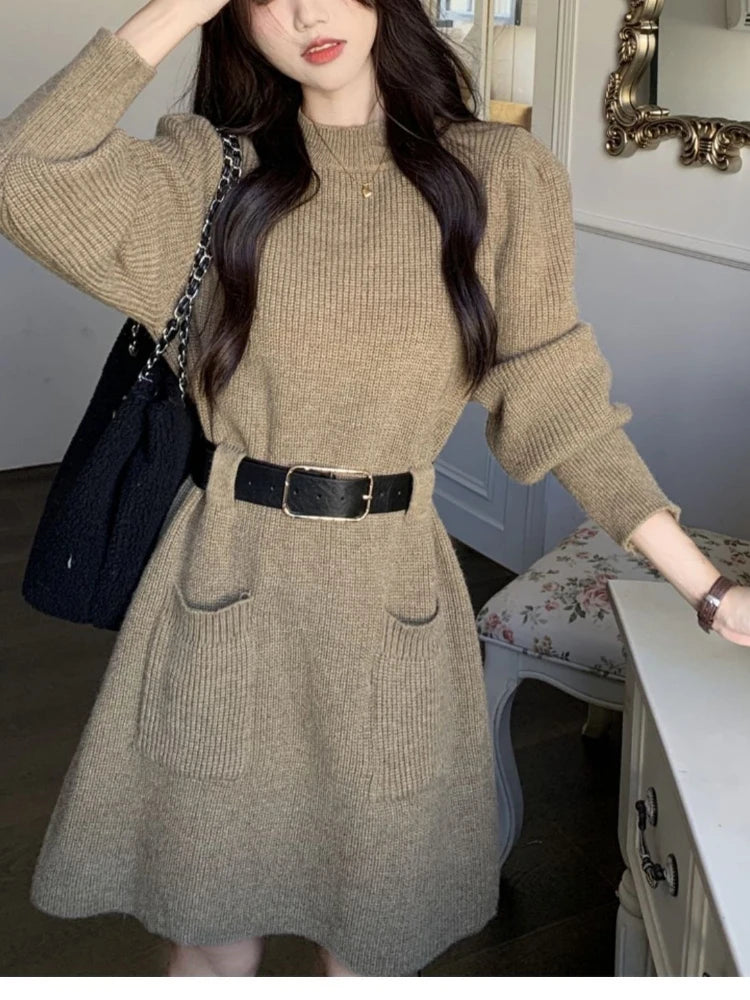 Winter Dress Women New Fashion Double Pockets Short Dresses Ladies Casual Loose Long Dress