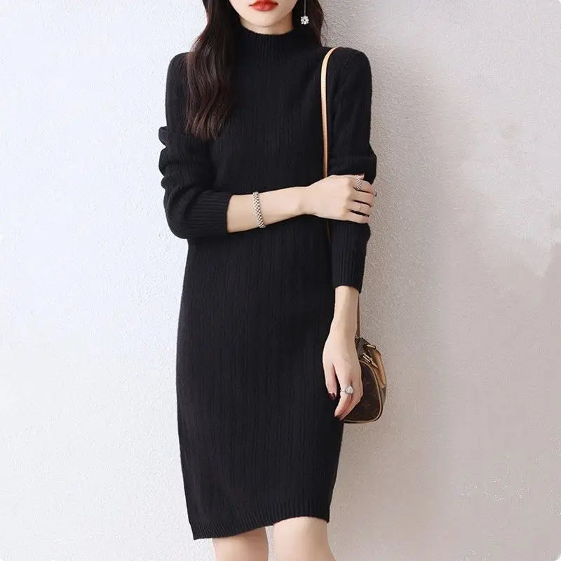 Winter New Dresses Women Solid Half High Collar Temperamen Fashion