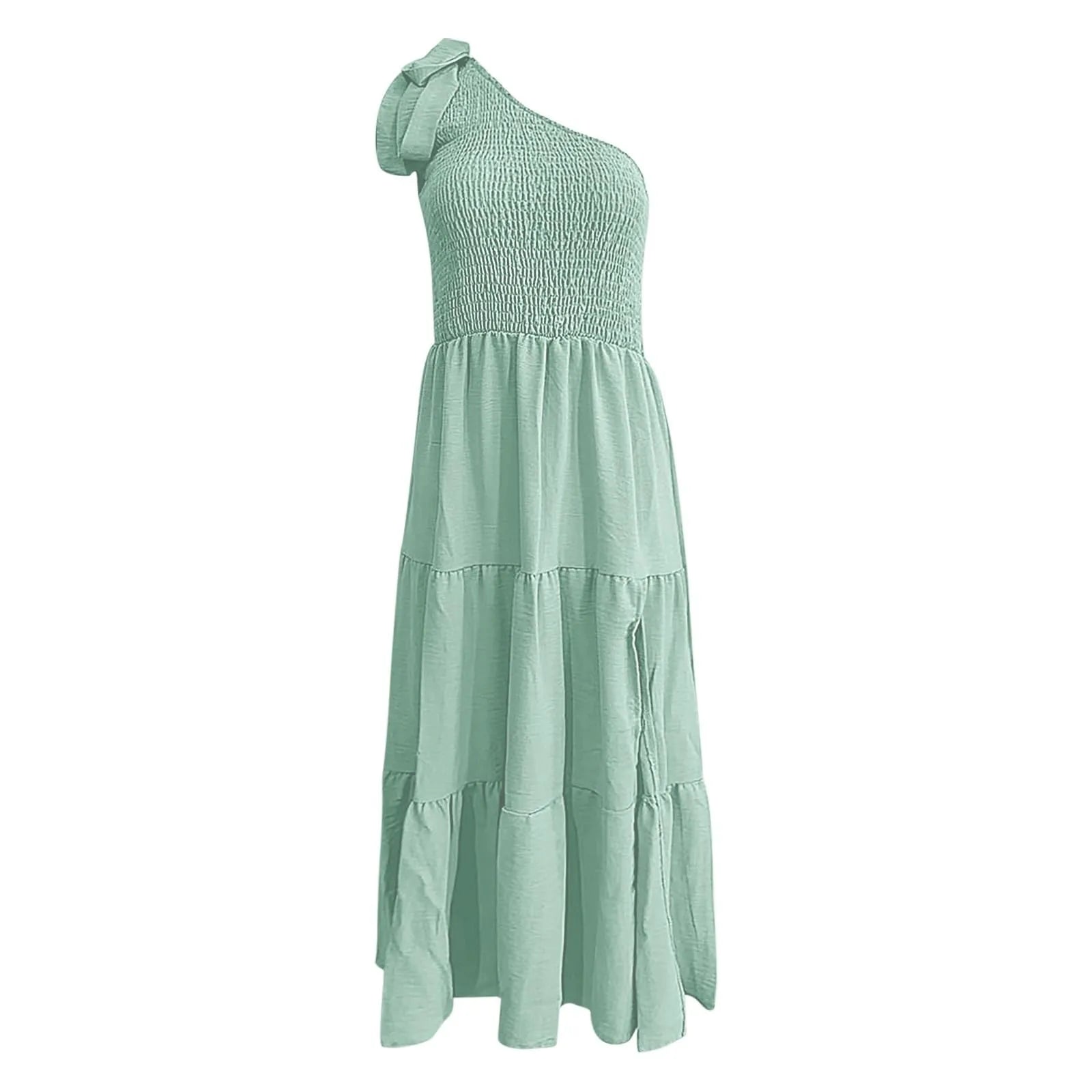 Women'S Summer Casual One Shoulder Sleeveless Smocked Elastic Dress