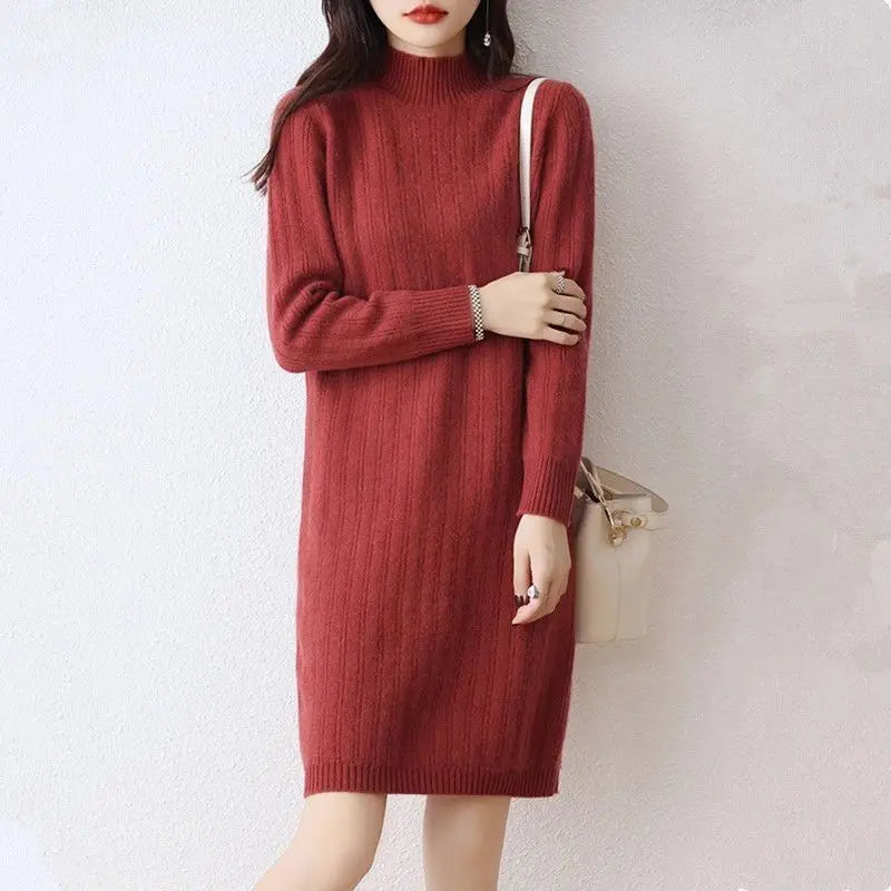 Winter New Dresses Women Solid Half High Collar Temperamen Fashion