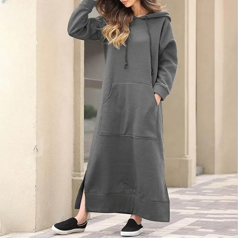 Women Dresses Autumn Winter hoodies Hooded Big Pocket Sweaters Dress