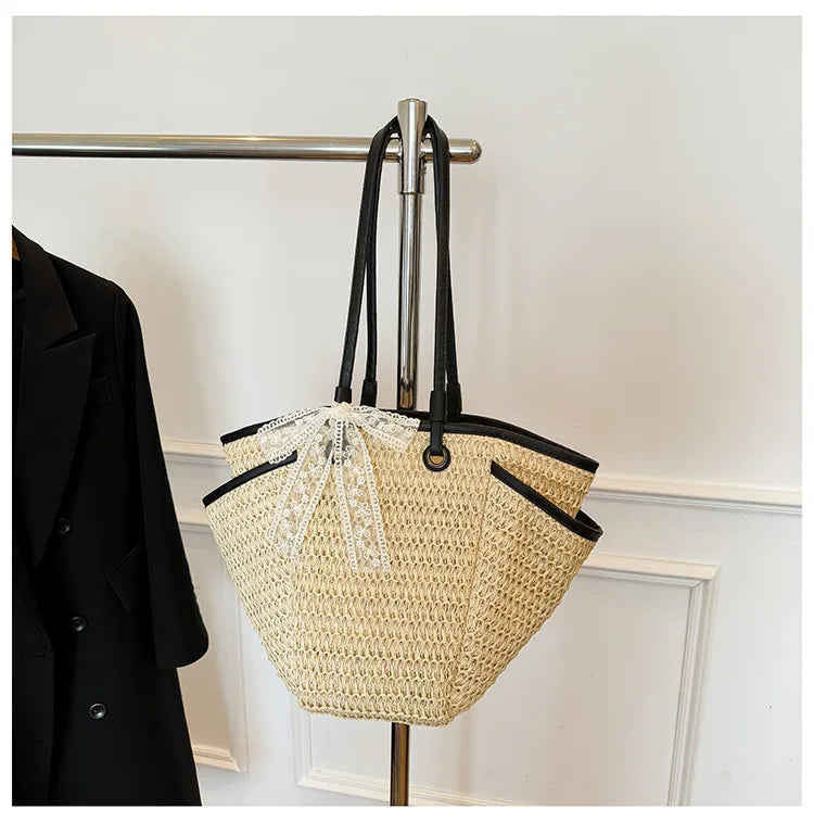 2025 Spring Woven Bucket Bag for Women Minimalist Niche Shoulder Bag Spacious Straw Tote Casual Bohemian Handbag