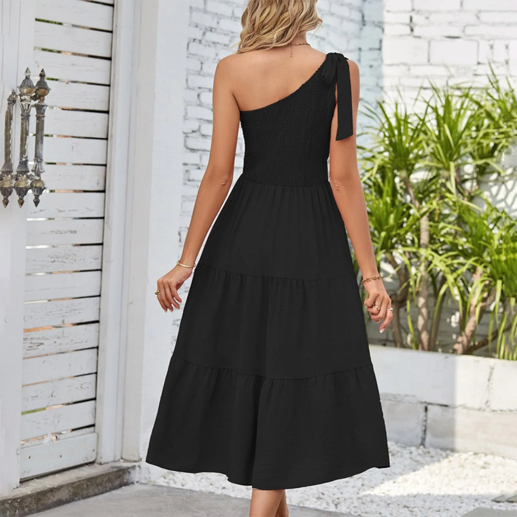 Women'S Summer Casual One Shoulder Sleeveless Smocked Elastic Dress