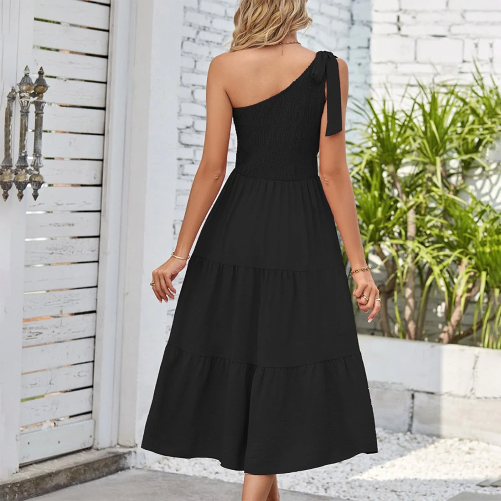 Women'S Summer Casual One Shoulder Sleeveless Smocked Elastic Dress