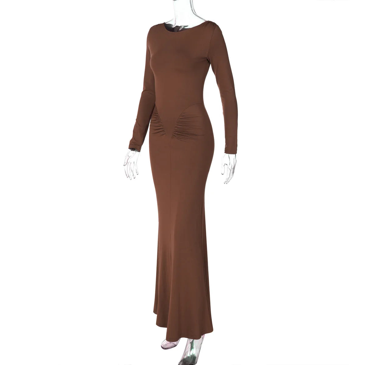 Sexy Wrap Buttocks Dresses Women O Neck Dress Long Sleeve Sheath Slim Fit Solid Spliced Pullover Folds Floor Length 2025