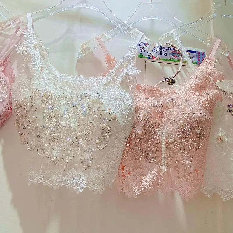 Women Clothing Heavy Beading Floral Tank Sexy Crop Tops