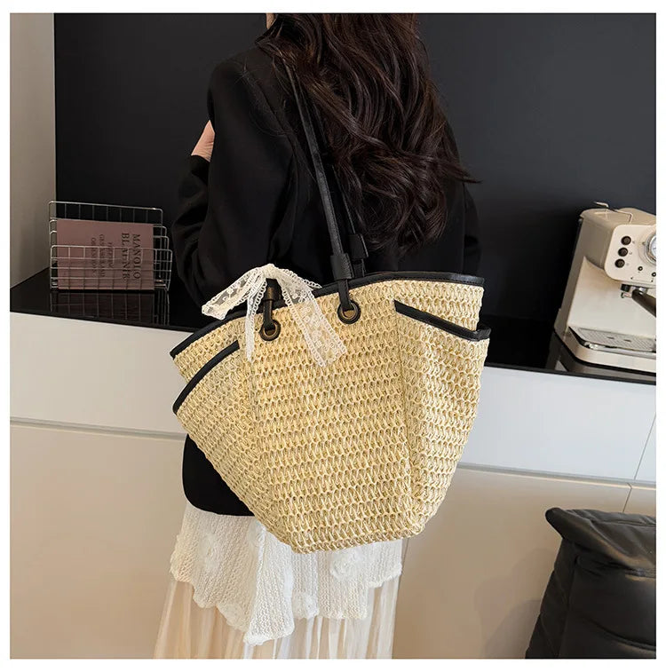 2025 Spring Woven Bucket Bag for Women Minimalist Niche Shoulder Bag Spacious Straw Tote Casual Bohemian Handbag