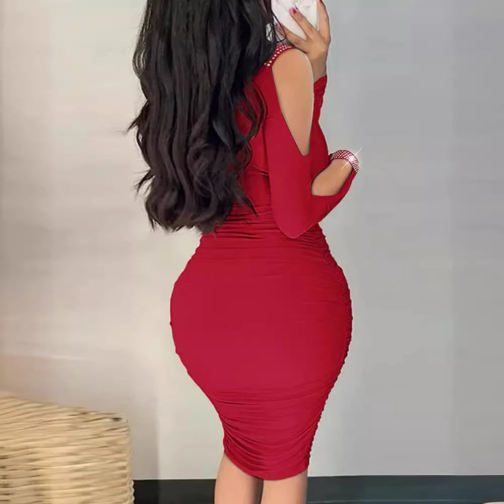 Sexy Fashion Solid Color Clothes V-Neck Women's Pleated Wraps Dress