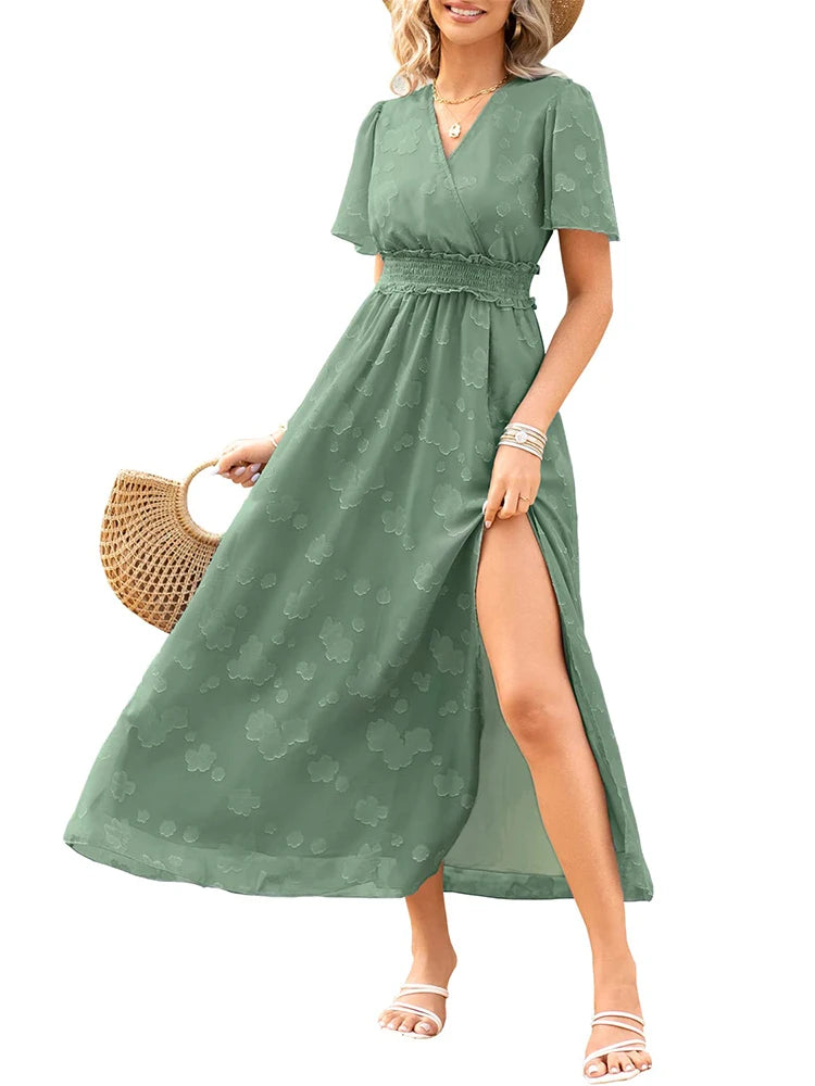 Maxi Dress Casual Summer V Neck Puff Sleeve High Waist Lace Up Dress
