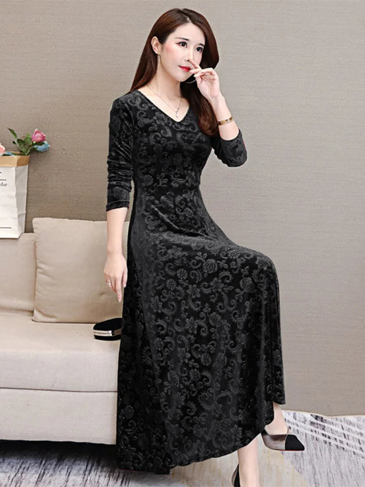 Elegant Velvet Dress Solid Long Sleeve Party Women Sexy V Neck Slim Fit Autumn Fashion Gothic Elbise Vestidos Mujer Femme Winter