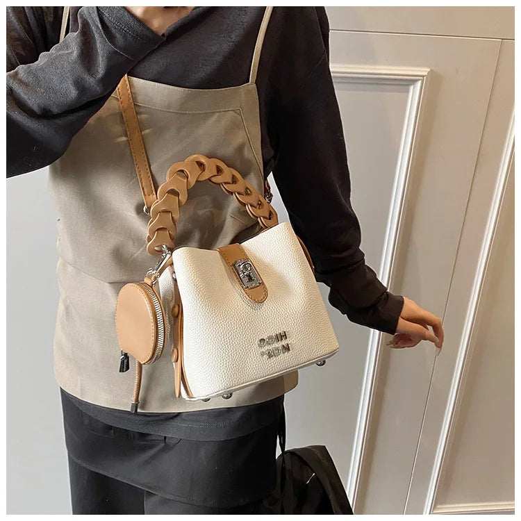 Handheld Bucket Bag For Women 2025 New Retro Pu Leather Patchwork Shoulder Bags Trend Versatile Commuting Mini Crossbody Pack