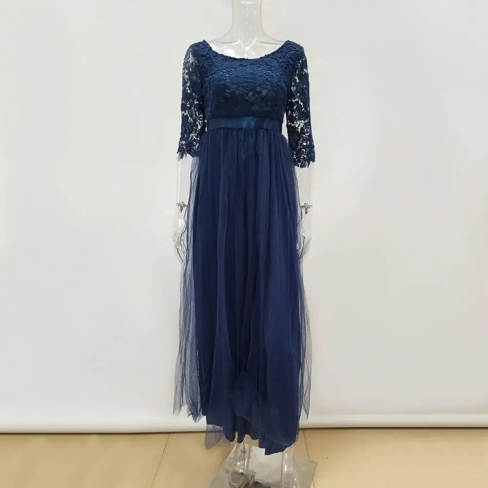 Women Maxi Dress Lace Flower Embroidery Pleated Floor Length Women