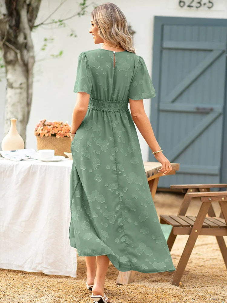 Maxi Dress Casual Summer V Neck Puff Sleeve High Waist Lace Up Dress