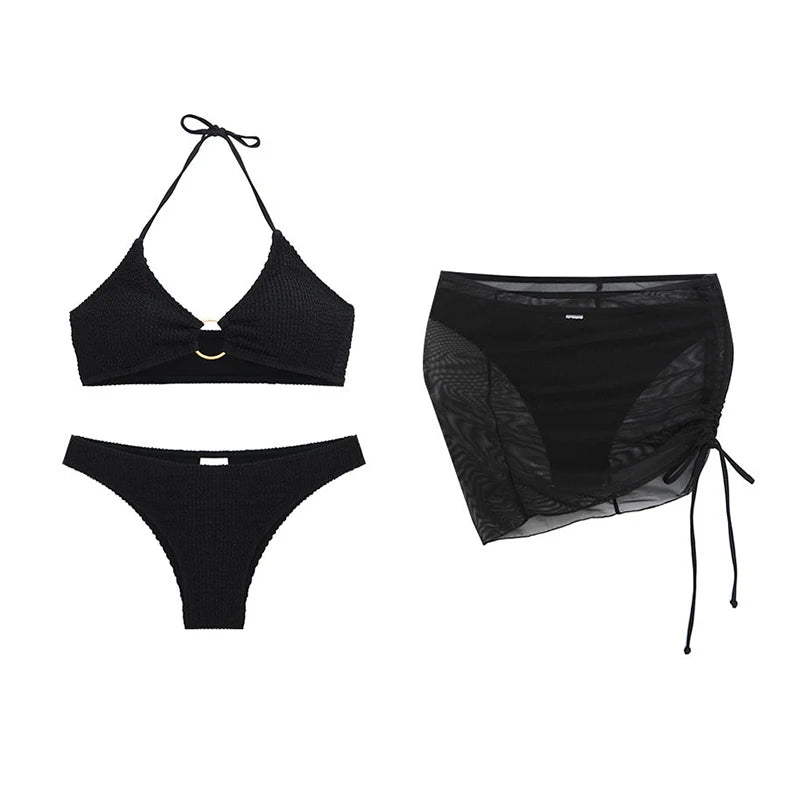 Sexy Solid Bikini Low Waist Three Pieces Swimsuit Women Bikini