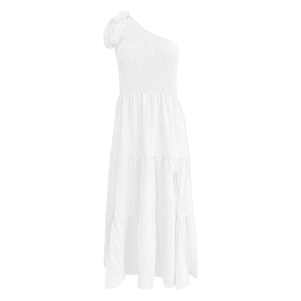 Women'S Summer Casual One Shoulder Sleeveless Smocked Elastic Dress