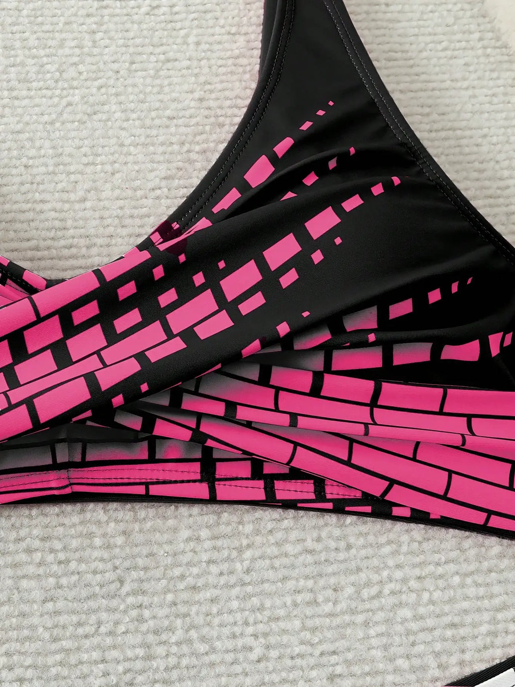 High-Waisted Chic Bikini Set - Black & Pink Geometric Print