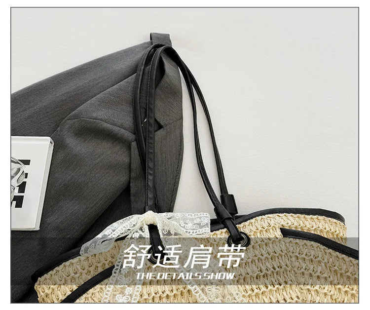 2025 Spring Woven Bucket Bag for Women Minimalist Niche Shoulder Bag Spacious Straw Tote Casual Bohemian Handbag