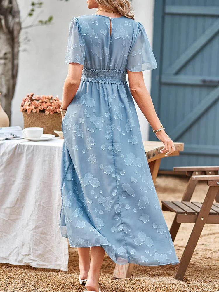 Maxi Dress Casual Summer V Neck Puff Sleeve High Waist Lace Up Dress