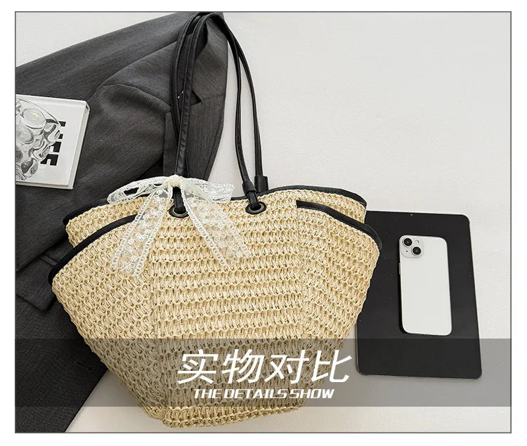 2025 Spring Woven Bucket Bag for Women Minimalist Niche Shoulder Bag Spacious Straw Tote Casual Bohemian Handbag