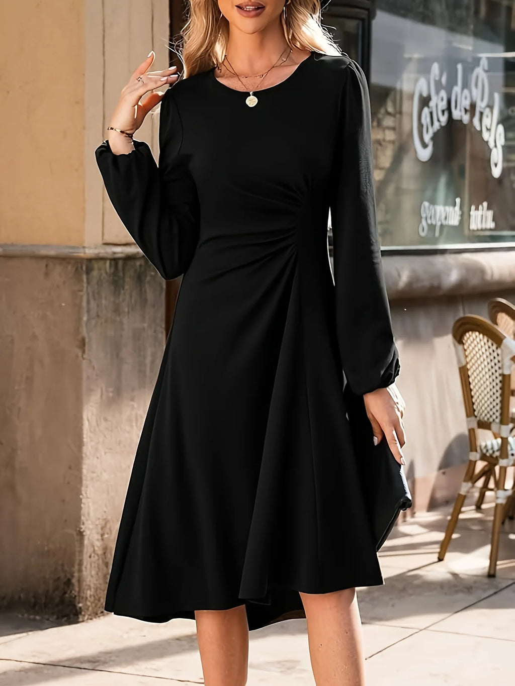 sleeved Black Maxi Dress with Ruched Waist Detail