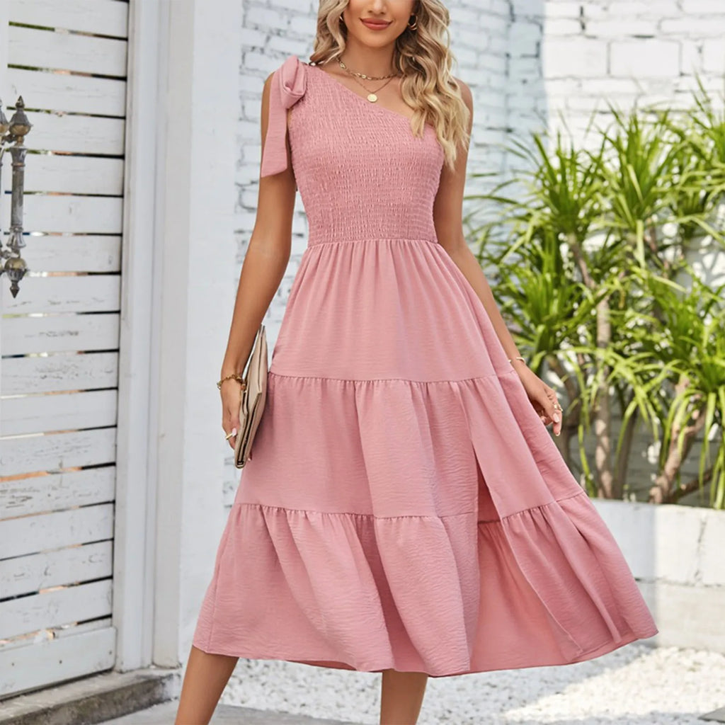 Women'S Summer Casual One Shoulder Sleeveless Smocked Elastic Dress