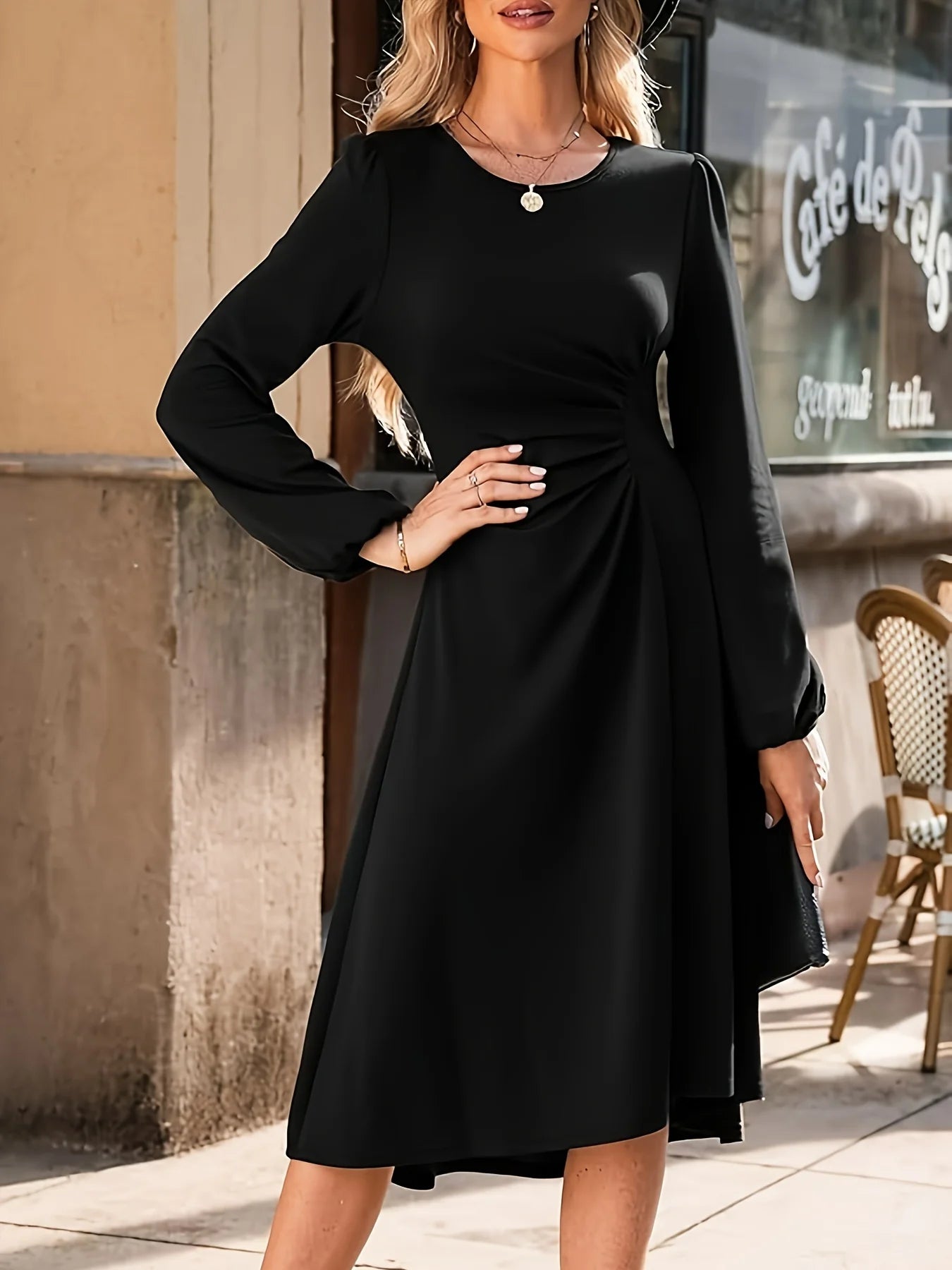 sleeved Black Maxi Dress with Ruched Waist Detail