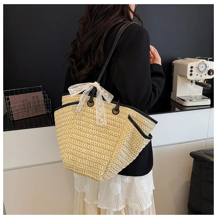 2025 Spring Woven Bucket Bag for Women Minimalist Niche Shoulder Bag Spacious Straw Tote Casual Bohemian Handbag