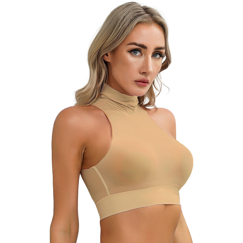 Womens Glossy Crop Tops Mock Neck Sleeveless Sheer See-Through Slim Fit Vest Tops