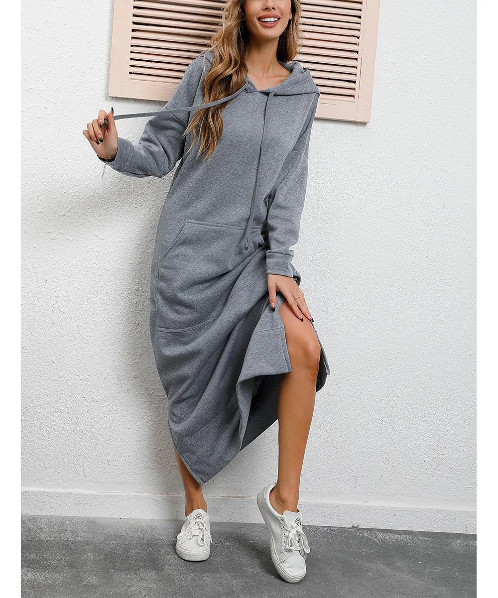 Women Dresses Autumn Winter hoodies Hooded Big Pocket Sweaters Dress