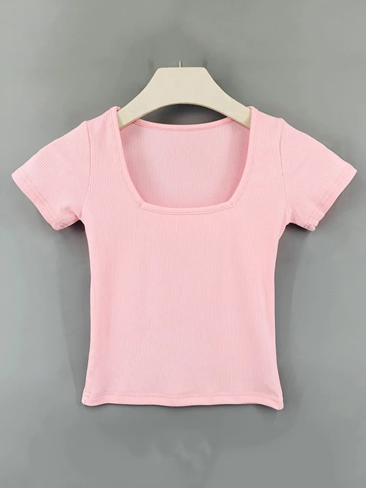 Crop Tops Cotton Basic T Shirts Women Solid Square Collar Half Sleeve Female Tops Summer 2025 New Casual Slim Fit Ladies Tees