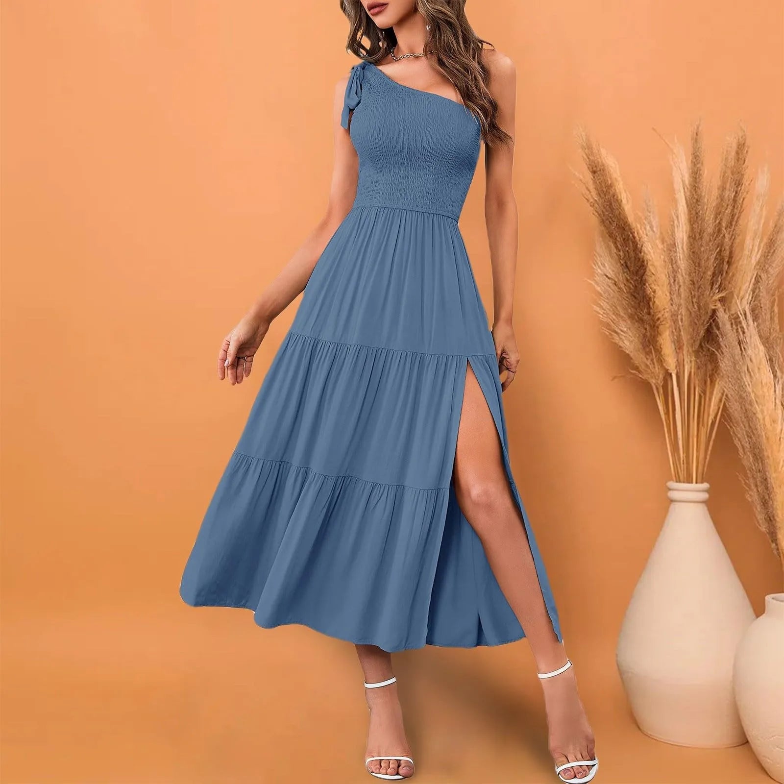 Women'S Summer Casual One Shoulder Sleeveless Smocked Elastic Dress