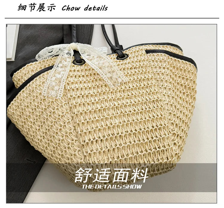 2025 Spring Woven Bucket Bag for Women Minimalist Niche Shoulder Bag Spacious Straw Tote Casual Bohemian Handbag