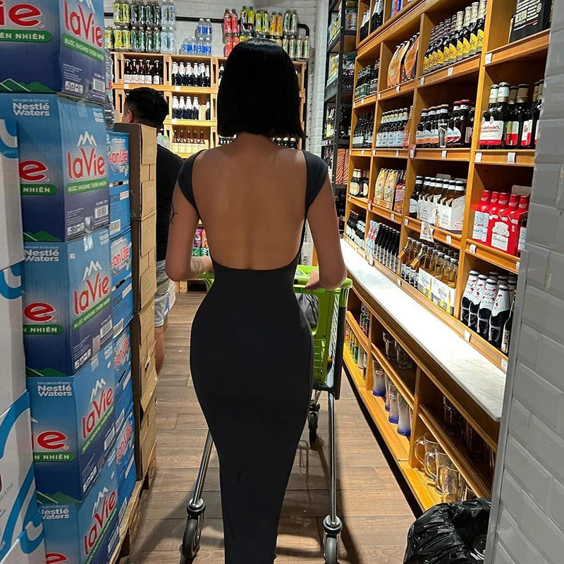 Sexy Women Maxi Dresses Summer New Backless Solid Fashion Short Sleeve Streetwear Dress Casual Slim Female Elegant Knit Dresses