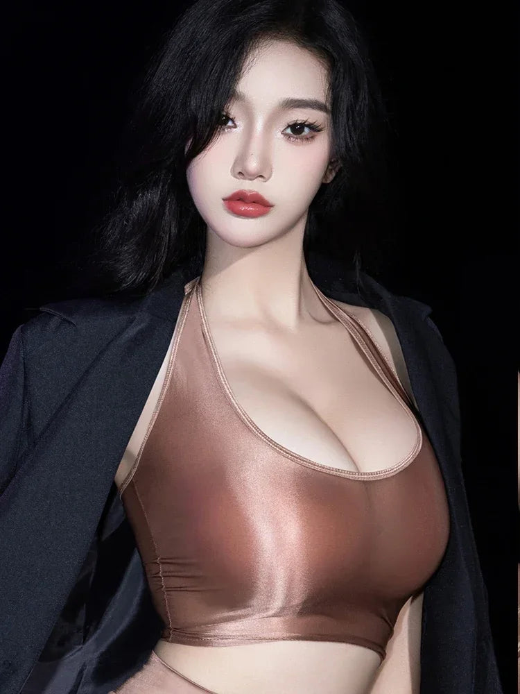 Fashion Women's Halter Tank Tops Sexy Oil Shiny Elastic Vest Shaper Wear Woman Clothing