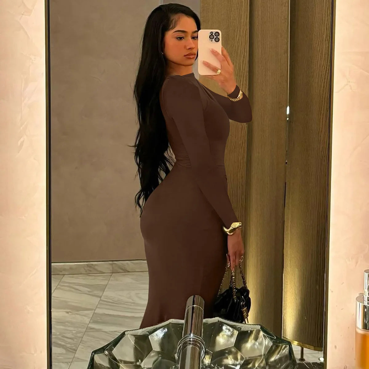 Sexy Wrap Buttocks Dresses Women O Neck Dress Long Sleeve Sheath Slim Fit Solid Spliced Pullover Folds Floor Length 2025