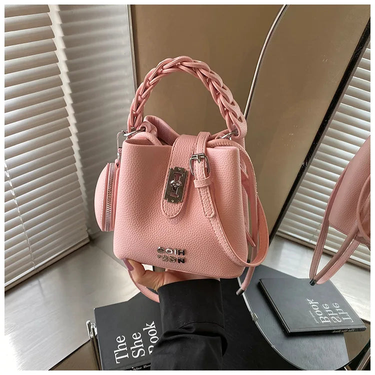Handheld Bucket Bag For Women 2025 New Retro Pu Leather Patchwork Shoulder Bags Trend Versatile Commuting Mini Crossbody Pack