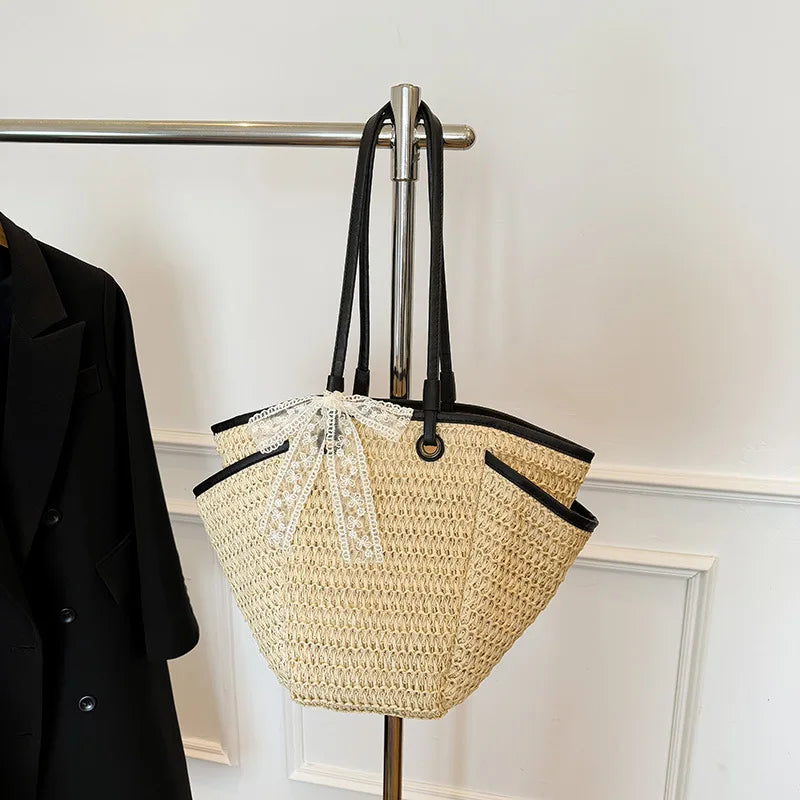 2025 Spring Woven Bucket Bag for Women Minimalist Niche Shoulder Bag Spacious Straw Tote Casual Bohemian Handbag