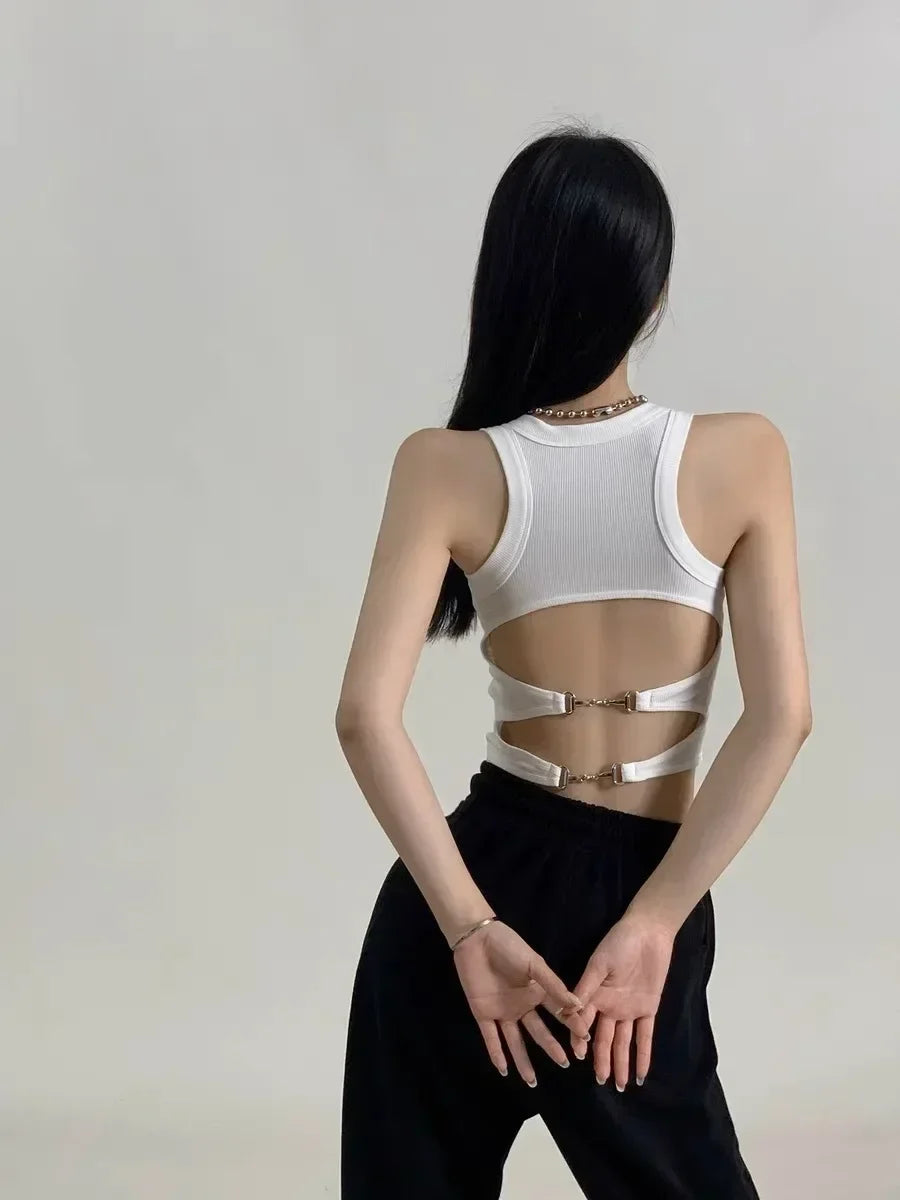 Women Sports Tank Sexy Backless Tops with Bra Pad Casual Crop Tops