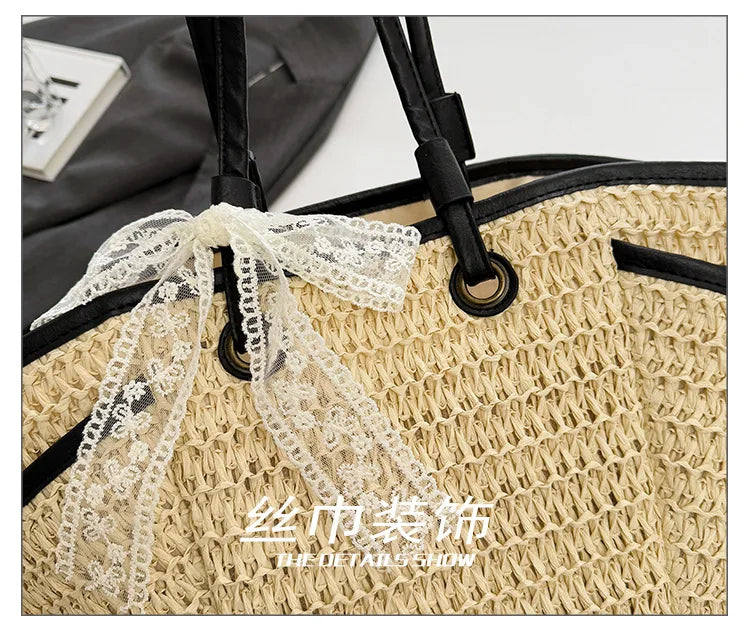 2025 Spring Woven Bucket Bag for Women Minimalist Niche Shoulder Bag Spacious Straw Tote Casual Bohemian Handbag