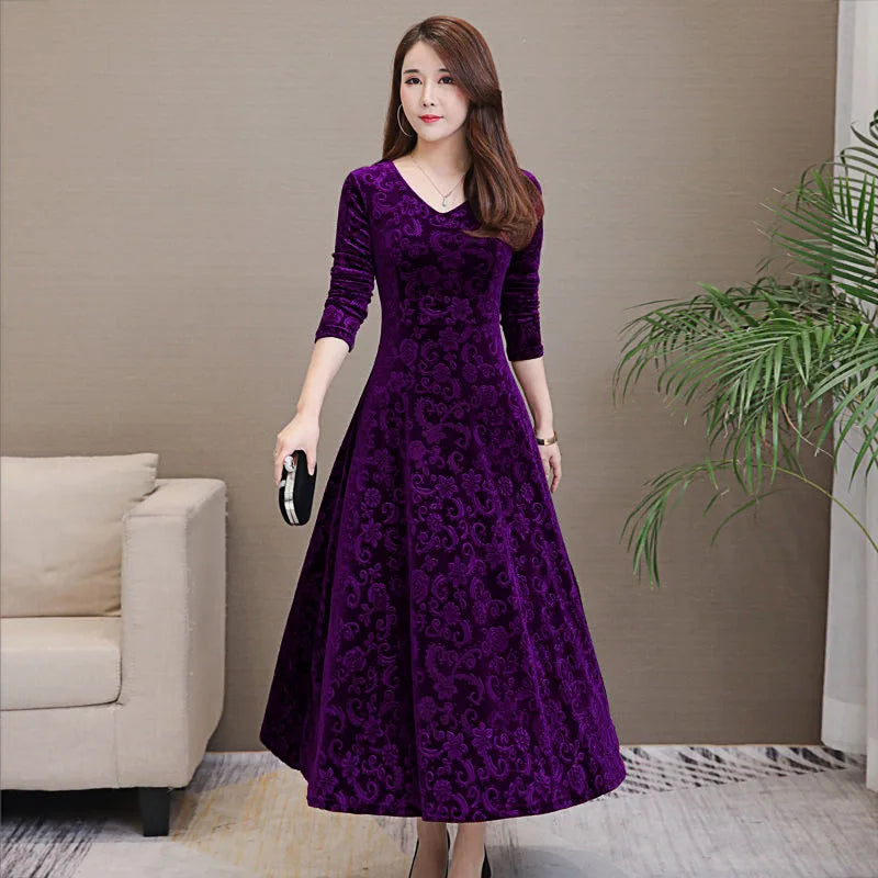 Elegant Velvet Dress Solid Long Sleeve Party Women Sexy V Neck Slim Fit Autumn Fashion Gothic Elbise Vestidos Mujer Femme Winter