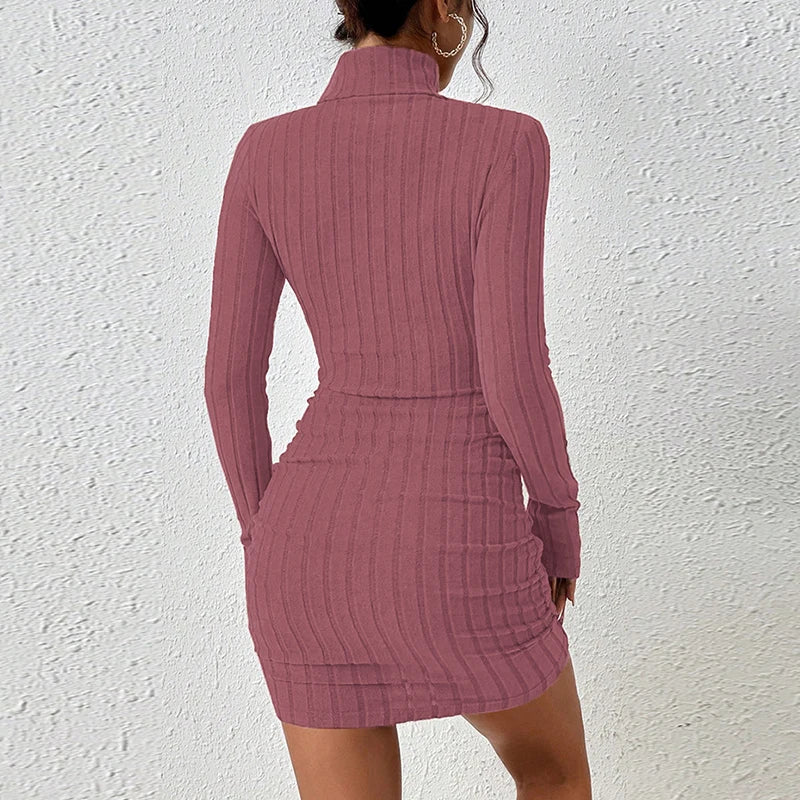 Women's Knitted Dress Autumn Winter New High Collar Temperament Solid Color Fashion