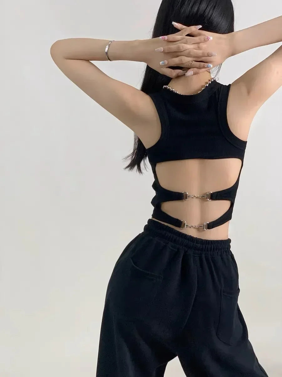 Women Sports Tank Sexy Backless Tops with Bra Pad Casual Crop Tops