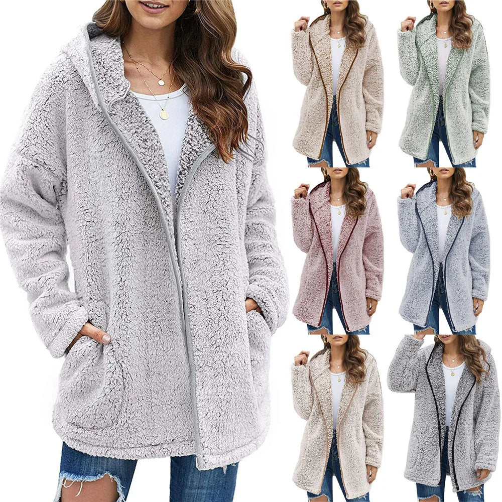 Winter Women Long Teddy Jacket Warm Thick Fleece Coat Turn Down Collar Plush Coat Fashion