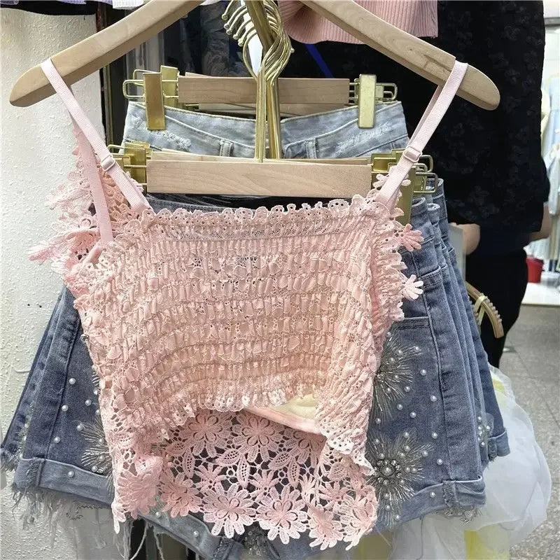 Women Clothing Heavy Beading Floral Tank Sexy Crop Tops