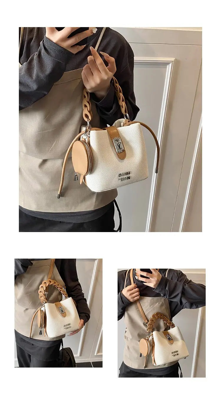 Handheld Bucket Bag For Women 2025 New Retro Pu Leather Patchwork Shoulder Bags Trend Versatile Commuting Mini Crossbody Pack