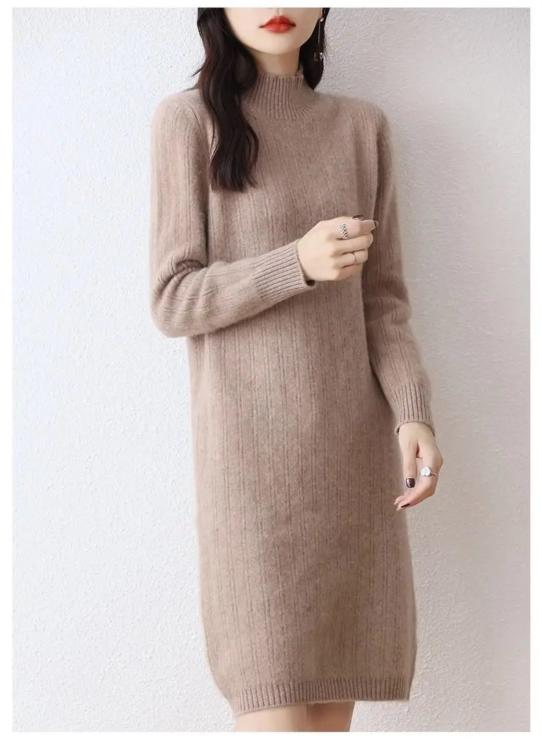Winter New Dresses Women Solid Half High Collar Temperamen Fashion